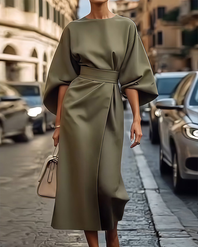 Celestine | Elegant Dress with Lantern Sleeves and Belt